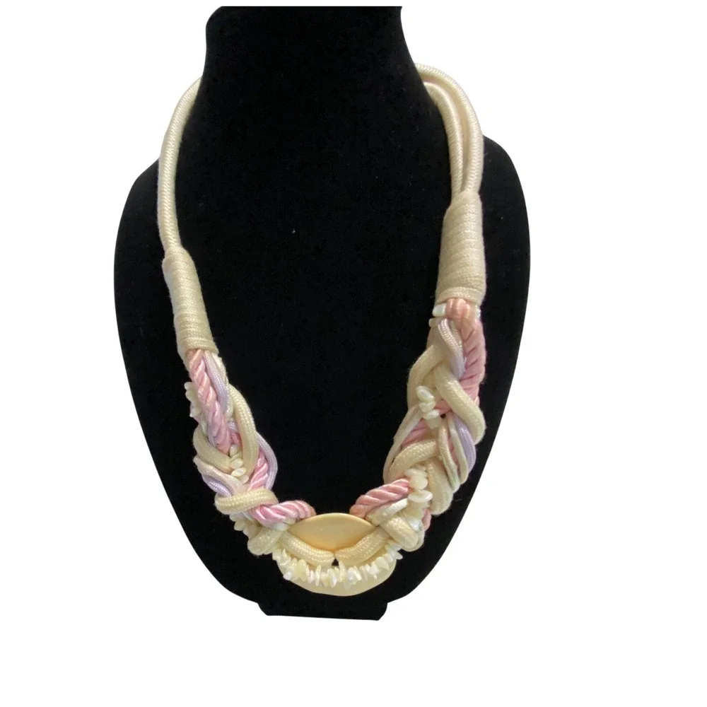 Boho Rope Statement Necklace Women‎ OS Cream Pink Braided Cord Shell Nautical